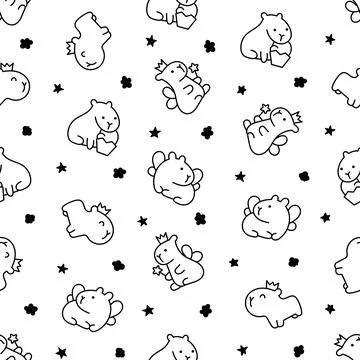 Kawaii capybara. Seamless pattern. Coloring Page. Stock Illustration