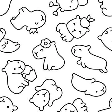 Kawaii capybara. Seamless pattern. Coloring Page. 스톡 일러스트