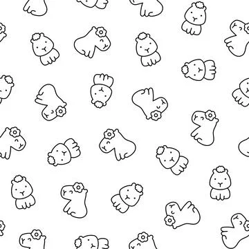 Kawaii capybara. Seamless pattern. Coloring Page. Stock Illustration