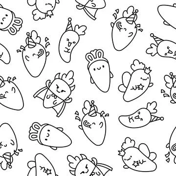 Kawaii carrot. Seamless pattern. Coloring Page. Stock Illustration