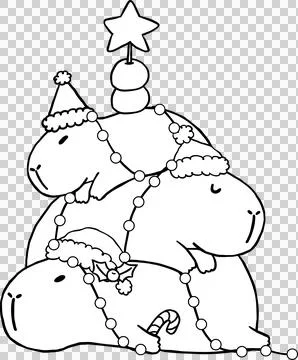 Kawaii Christmas Tree Capybara Stack up Outline Wearing Santa Hats Cartoon .. Illustrazione stock