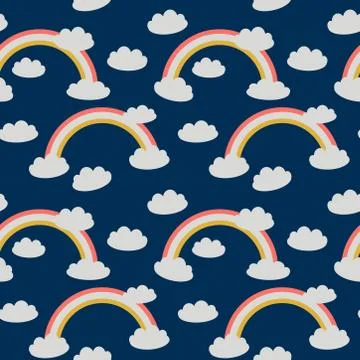 Kawaii clouds, rainbow. Seamless pattern Limited Color Palette Coral Gray yel Stock Illustration