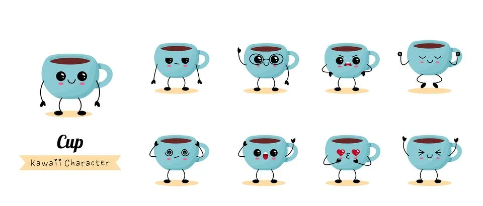Kawaii Coffee Cup Characters Set Illustration Stock Illustration