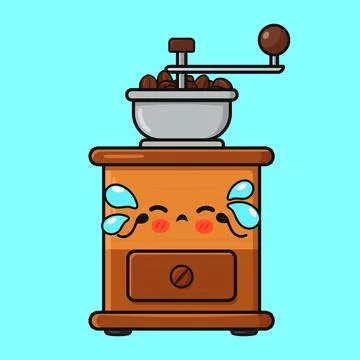 Kawaii coffee grinder character crying with coffee beans Illustrazione stock