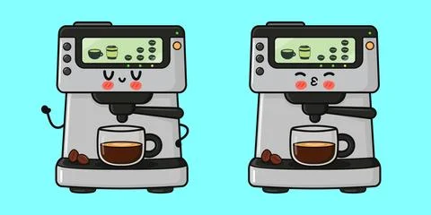 Kawaii coffee machine character making espresso beverage Stock Illustration