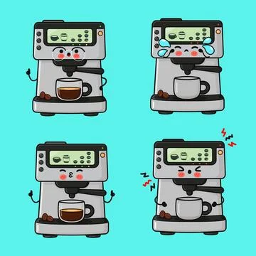 Kawaii coffee machine characters expressing different emotions Stock Illustration