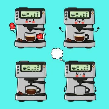 Kawaii coffee machine characters expressing different emotions 库存插图