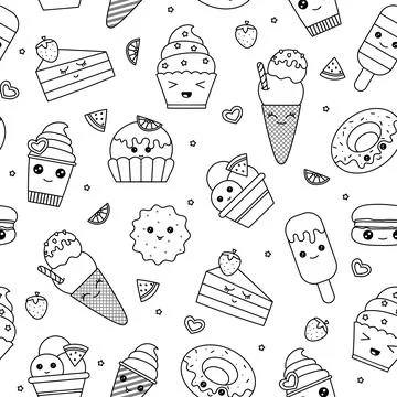 Kawaii coloring book, vector pattern of kawaii dessert. Black and white illus イラスト素材