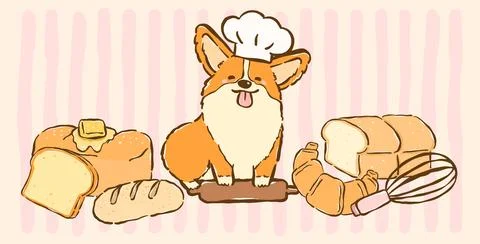 Kawaii corgi bakery chef with bread loaf, crossiant whimsical hand drawn ca.. Stock Illustration