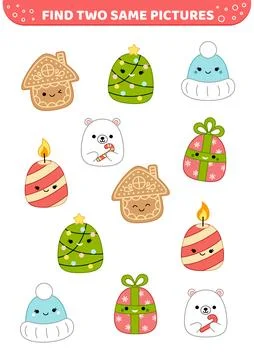 Kawaii cozy elements. Find two same pictures. Game for children. Cartoon, vector Stock Illustration