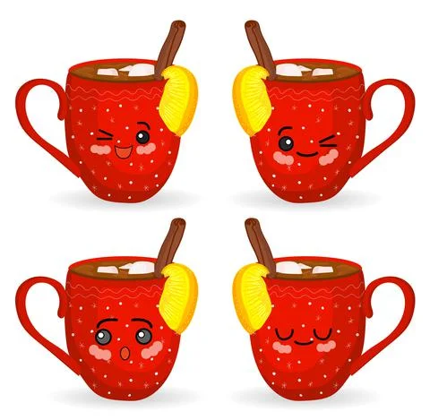 Kawaii cups. Reds. Winter patterns. Set of characters with chocolate and mars Stock Illustration