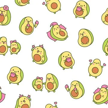 Kawaii cute avocado. Seamless pattern. Illustrazione stock