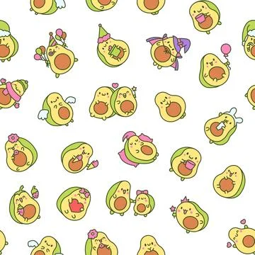 Kawaii cute avocado. Seamless pattern. Illustrazione stock