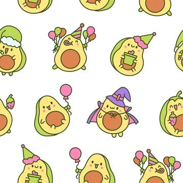 Kawaii cute avocado. Seamless pattern. Illustrazione stock