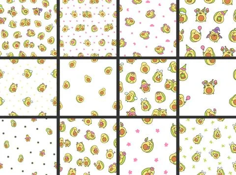 Kawaii cute avocado. Seamless pattern. イラスト素材