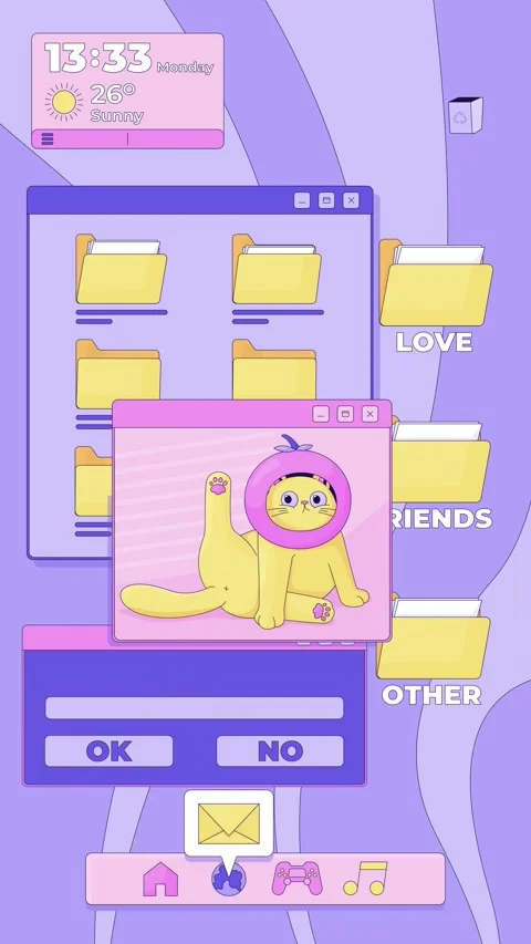 Kawaii desktop workspace with cute cat popup lofi vertical animation Stock Footage 336982813