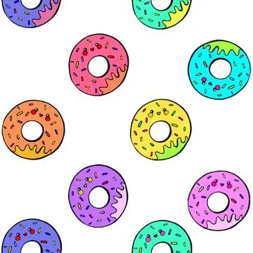 Kawaii donuts seamless pattern. Vector illustration isolated on white backgro Stock Illustration