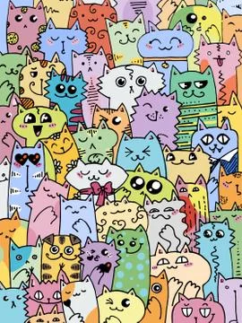 Kawaii doodle cats pattern. Cute animal background. Great for coloring book,  Stock Illustration