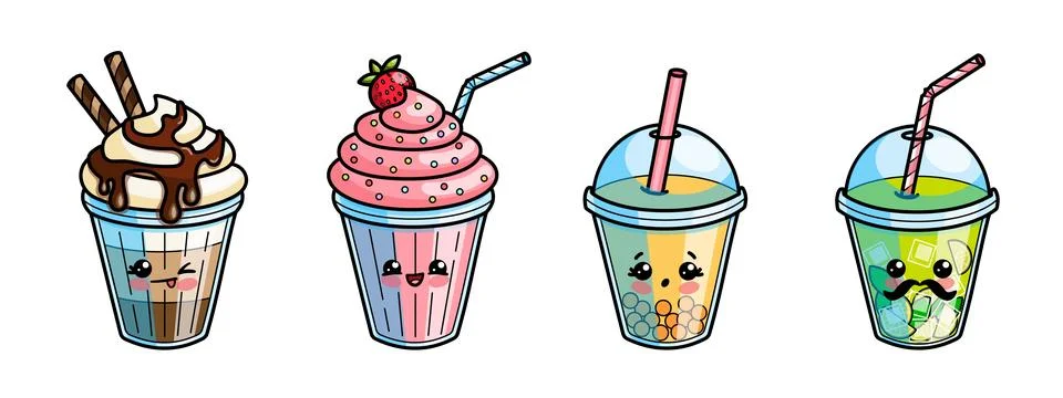 Kawaii Drinks Set Stock Illustration