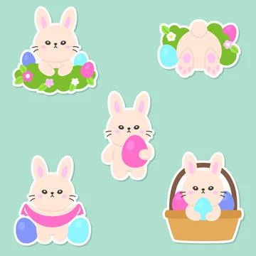 Kawaii Easter Bunny Stickers with Eggs, Flowers, and Baskets in Soft Pastel.. Stock Illustration