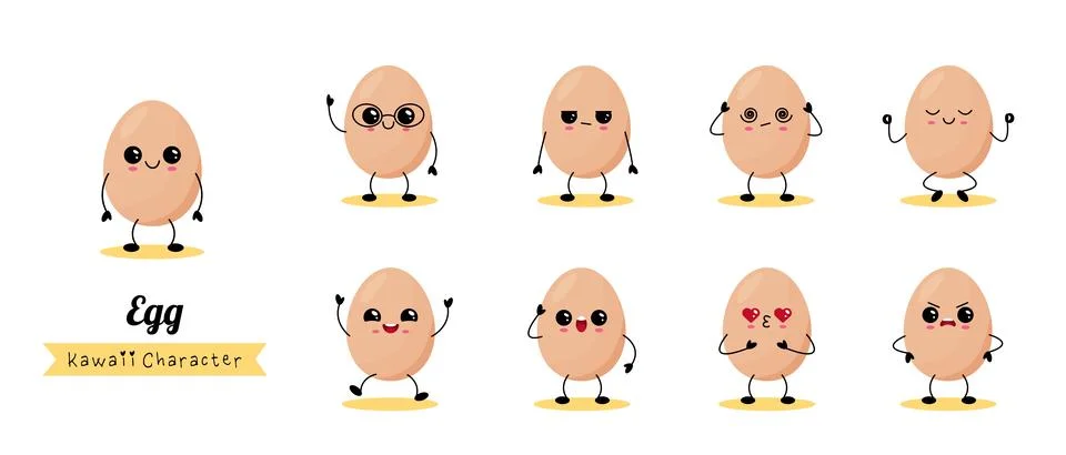 Kawaii Egg Character Set With Different Emotions Stock Illustration