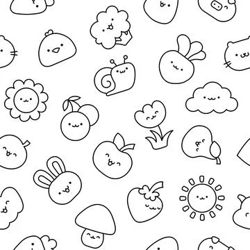 Kawaii farm. Seamless pattern. Coloring Page. Illustrazione stock