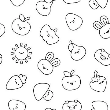 Kawaii farm. Seamless pattern. Coloring Page. Illustrazione stock