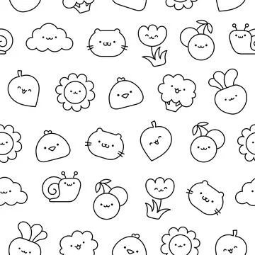 Kawaii farm. Seamless pattern. Coloring Page. Illustrazione stock