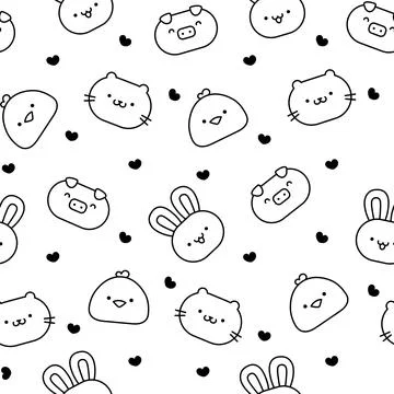 Kawaii farm. Seamless pattern. Coloring Page. Illustrazione stock