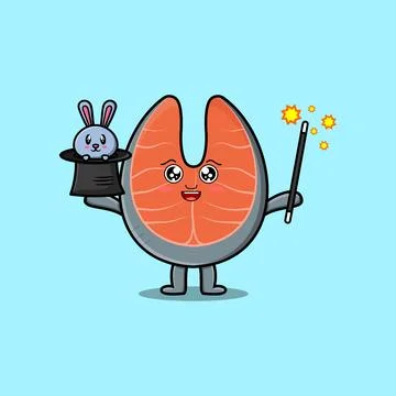 Kawaii fresh salmon cartoon character with expressions of cartoon face vector il Stock Illustration