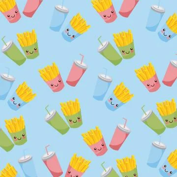 Kawaii fries chips and soda food seamless pattern Stock Illustration