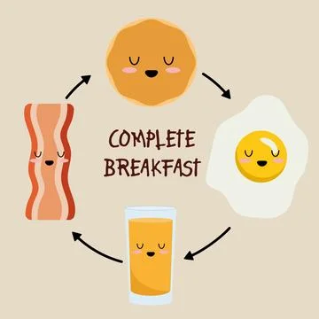 Kawaii full breakfast set. Vector Stock Illustration