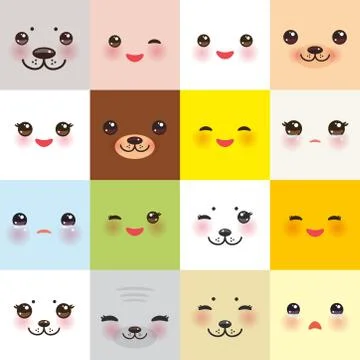 Kawaii funny muzzle set bear cat dog hare seal, animal faces collection with  Stock Illustration
