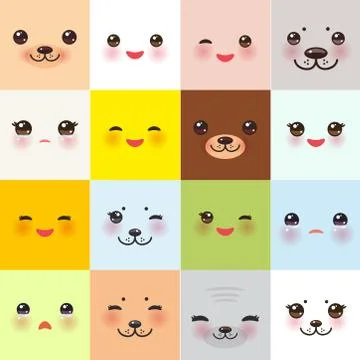 Kawaii funny muzzle set with pink cheeks and winking eyes on square backgroun Stock Illustration