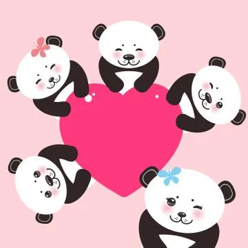 Kawaii funny panda white muzzle with pink cheeks and big black eyes. Card design Stock Illustration