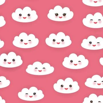 Kawaii funny white clouds set, muzzle with pink cheeks and winking eyes Stock Illustration
