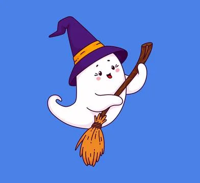 Kawaii ghost character flying on witch broomstick Stock Illustration