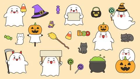 Kawaii ghost halloween element collection set on peach Illustration
