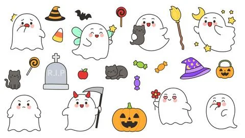 Kawaii ghost halloween element collection set on white Illustrazione stock