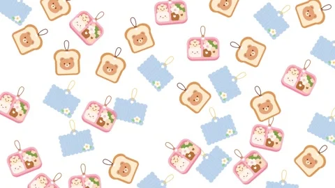 Kawaii Hanging Tag Pattern with Bear Bread Bento Box and Scalloped Floral Labels Stock Footage 345539377