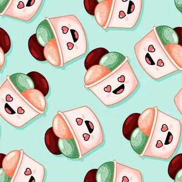 Kawaii ice cream seamless pattern. Cute cartoon style background texture tile Stock Illustration
