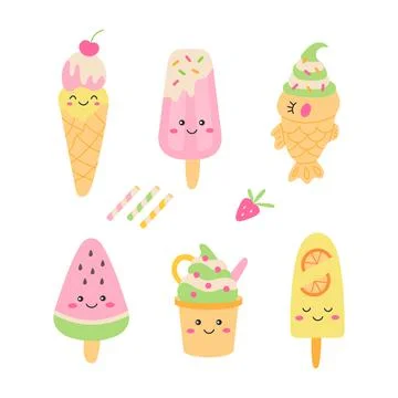 Kawaii ice cream set Stock Illustration