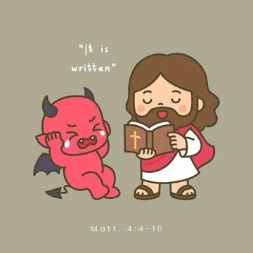 Kawaii Jesus reading bible while crying devil covers ears with It is writte.. イラスト素材