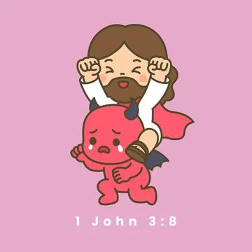 Kawaii Jesus riding on devil back in victory with bible verse 1 John 3 8 Stock-Illustration