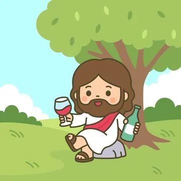 Kawaii Jesus sitting under tree holding wine glass and bottle on green natu.. Stock Illustration