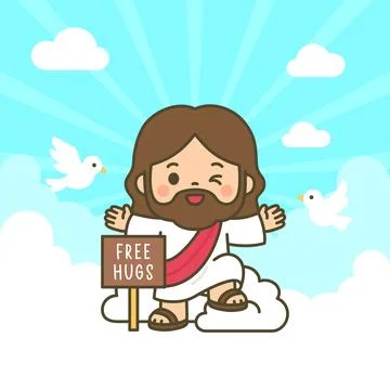 Kawaii Jesus standing on cloud with open arms holding Free Hugs sign and dove Stock Illustration