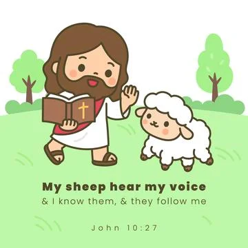 Kawaii Jesus waving at sheep while holding bible with My Sheep Hear My Voice Stock Illustration