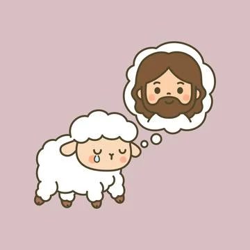 Kawaii lamb crying with thought bubble of Jesus イラスト素材