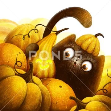 Kawaii Painting Black Cat With Pumpkins On White Background. Greeting Card