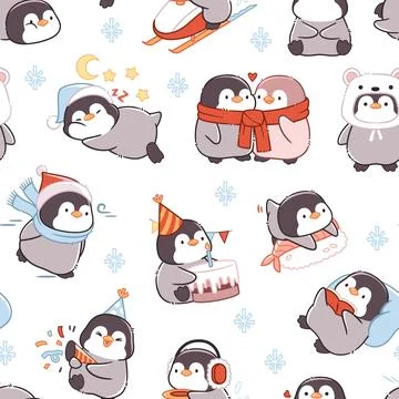Kawaii penguin seamless pattern. Funny characters, cute northern mascot Stock Illustration